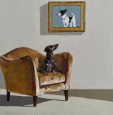 A painting of a Dachshund Looking at a Painting 